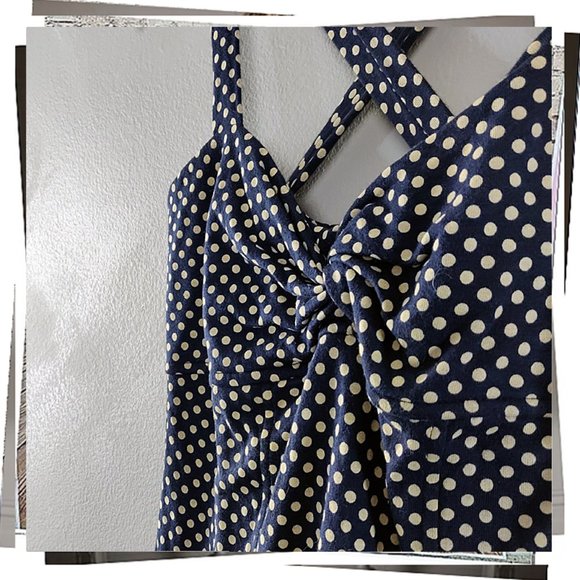 NWOT: Retro Blue & Cream Polka Dot Tank w/ Fabric Knot at Front (S) - Picture 2 of 6